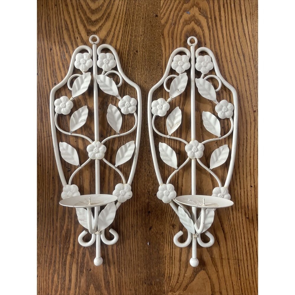 Pair Of Metal Iron Wall Candle‎ Holders Flower Leaves Detail Shabby Chic